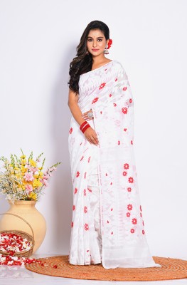 MorChari Floral Print Handloom Pure Cotton Saree(White)