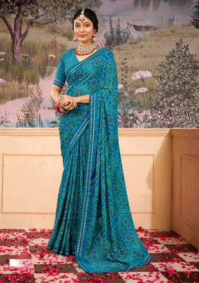 Radharani fusion Dyed, Printed, Tie-Dye Bandhani Georgette Saree(Blue)