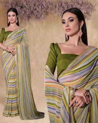 Jayu Digital Print, Embroidered, Printed, Striped Bollywood Georgette Saree(Green)