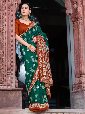 Divastri Printed Bollywood Silk Blend Saree(Dark Green)