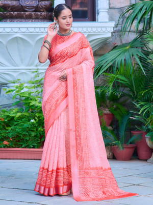 Anouk Rustic Digital Print Leheria Cotton Linen Saree(Pink)