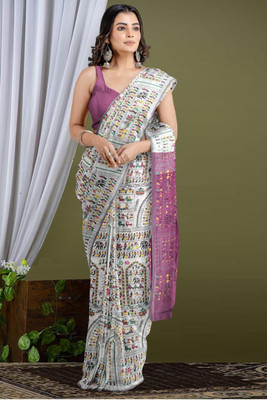 BiswasTextiles Self Design Handloom Cotton Blend Saree(Silver)
