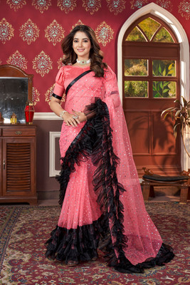 Praveena Designer Embellished Bollywood Net Saree(Pink)