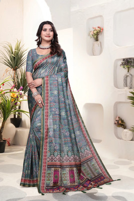 Pranamita Geometric Print Bollywood Silk Blend Saree(Blue, Grey)