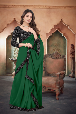 SHELDROM MART Solid/Plain Bollywood Georgette Saree(Green)