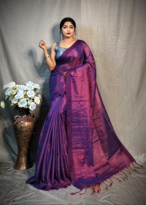 RIDDHIMAN FASHION Solid/Plain Handloom Tissue Saree(Purple)