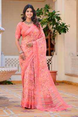 Divastri Digital Print, Printed Bollywood Cotton Linen Saree(Orange)