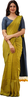 VERVE Solid/Plain Handloom Cotton Blend Saree(Yellow, Grey)
