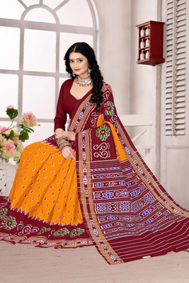 ETHNIC ODISHA HANDLOOM Printed, Digital Print Sambalpuri Pure Cotton Saree(Orange, Red)