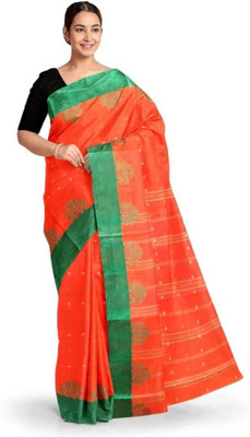 HouseOfCommon Self Design Tant Pure Cotton Saree(Orange)