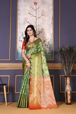 Aksh Fashion Self Design, Woven Kanjivaram Silk Blend, Jacquard Saree(Green)