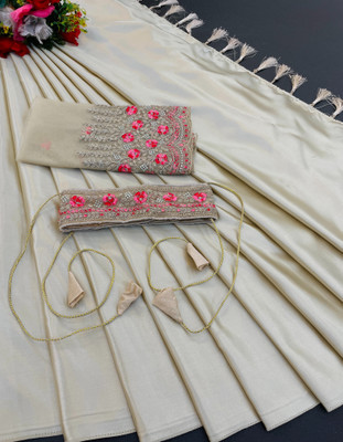 Tradivibe Embroidered, Solid/Plain Bollywood Chiffon Saree(Beige)