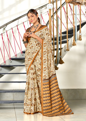 MODERRY Printed, Blocked Printed Daily Wear Pure Cotton, Mulmul Saree(Cream, Mustard)