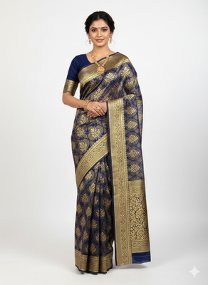 ShivMaya Woven Banarasi Silk Blend Saree(Gold, Dark Blue)