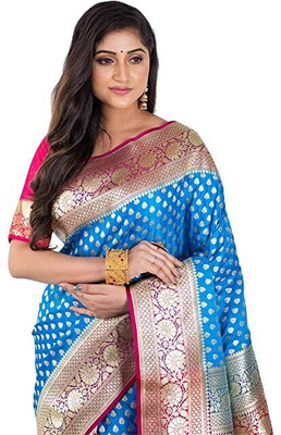 HouseOfCommon Self Design Kanjivaram Handloom Pure Silk Saree(Blue, Pink)
