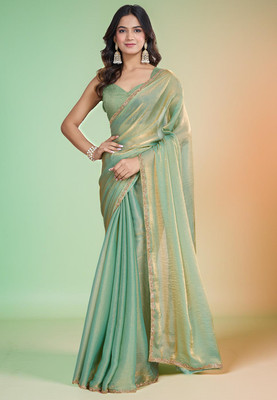 Croza Solid/Plain Chanderi Chiffon, Tussar Silk Saree(Green)