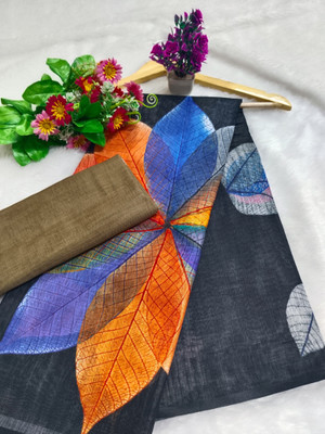 HouseOfCommon Printed Kanjivaram Linen, Cotton Linen Saree(Black)