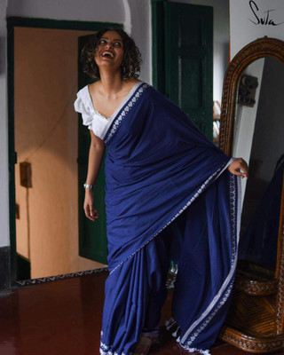 Shyamalisaree Solid/Plain Handloom Pure Cotton Saree(Blue, White)