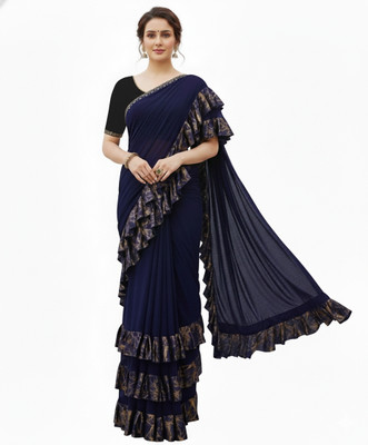 ShivMaya Solid/Plain Pre Draped Saree Silk Blend Saree(Dark Blue)