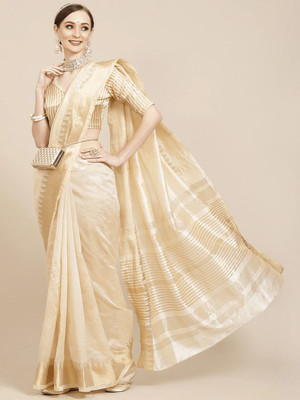 BLUERTONE CREATION Temple Border Assam Silk Cotton Silk Saree(White)