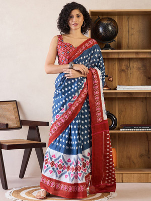 Anouk Rustic Printed Pre Draped Saree Cotton Blend Saree(Dark Blue)