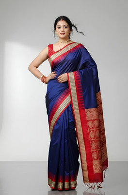 Sijileen Solid/Plain Sambalpuri Silk Blend Saree(Dark Blue)