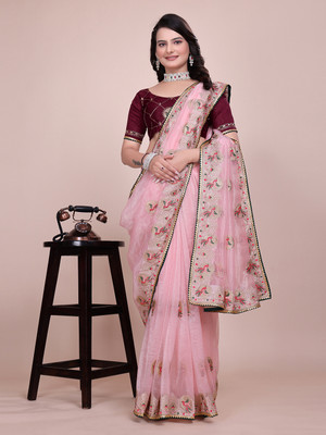 ARMEIDA Embroidered Baluchari Organza Saree(Pink)