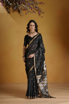 Spetila Woven, Embellished Handloom Pure Cotton, Jacquard Saree(Black)