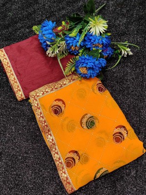 Kronzam Printed Bandhani Cotton Silk Saree(Yellow)