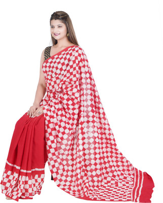 vaishnavi handicrafts Blocked Printed, Color Block, Floral Print, Printed Bollywood Pure Cotton Saree(Red, White)