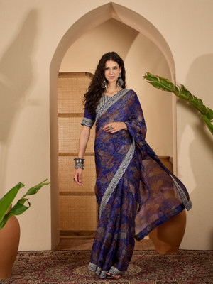 Vichitra Floral Print Bollywood Chiffon Saree(Dark Blue)