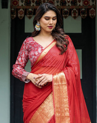 Satrani Woven, Embellished Mangalagiri Chiffon Saree(Pink)
