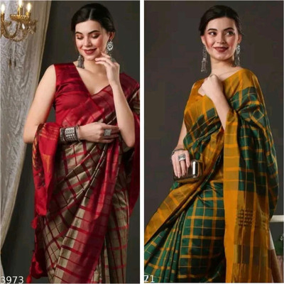 Bhagwati Creation Embellished, Solid/Plain, Striped Daily Wear Chanderi, Cotton Silk Saree(Pack of 2, Multicolor)