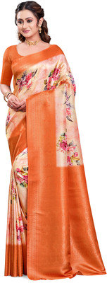 PARVOTSAV Floral Print Daily Wear Art Silk Saree(Orange, Beige)