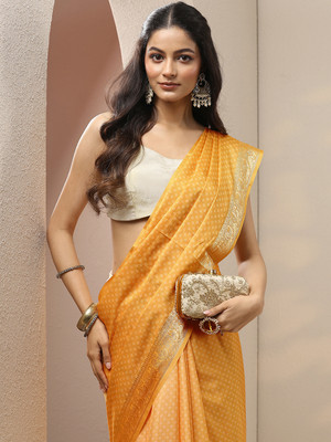 LIBAS Printed Bandhani Silk Blend Saree(Yellow)