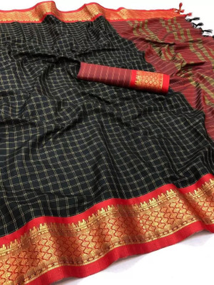 yourwish Woven, Checkered, Embellished, Self Design Daily Wear Jacquard, Cotton Silk Saree(Black)