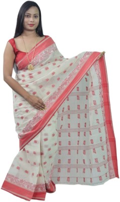 NILIMA HANDICRAFTS Printed Handloom Cotton Blend Saree(White)