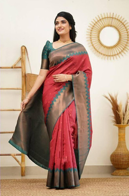 Bansari Textiles Self Design, Woven, Applique, Printed, Temple Border Kanjivaram Jacquard, Art Silk Saree(Red)