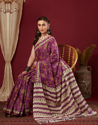 Divastri Floral Print, Color Block, Embellished Daily Wear Cotton Blend Saree(Pink, Beige)