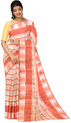 Piyafashion Self Design Tant Pure Cotton Saree(Cream, Orange)