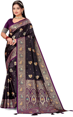 Sireen Creation Floral Print Banarasi Satin Saree(Maroon)