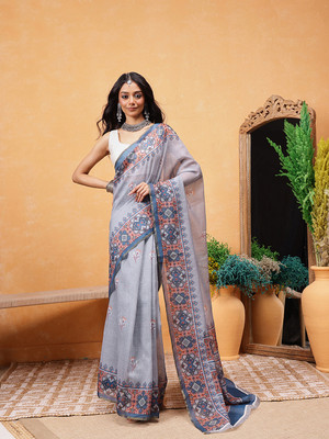 SILK ZONE Digital Print Pre Draped Saree Cotton Blend Saree(Grey)