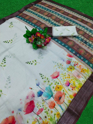 HouseOfCommon Printed Bollywood Linen, Cotton Linen Saree(Multicolor)