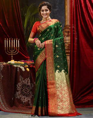 Dulhan Collection Embroidered Banarasi Handloom Satin Saree(Dark Green)