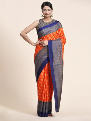 rujave Printed Assam Silk Crepe Saree(Orange)