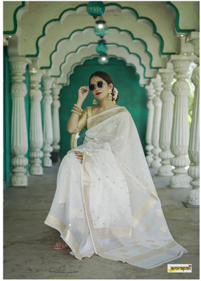 WOMENELEGENCE Embellished Banarasi Pure Silk Saree(White)