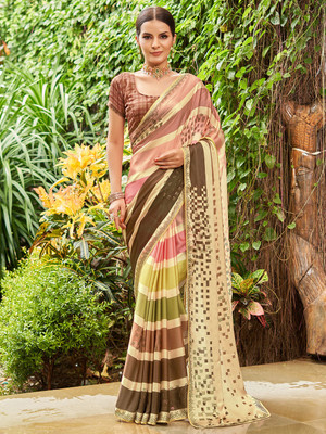 KARAGIRI Striped Bollywood Satin Saree(Brown)