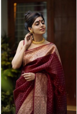 JIADIA Embellished, Woven, Self Design Kanjivaram Jacquard, Silk Blend Saree(Maroon)