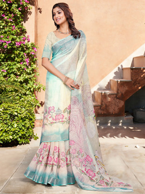 Tasrika Digital Print Hand Batik Cotton Linen Saree(Multicolor)