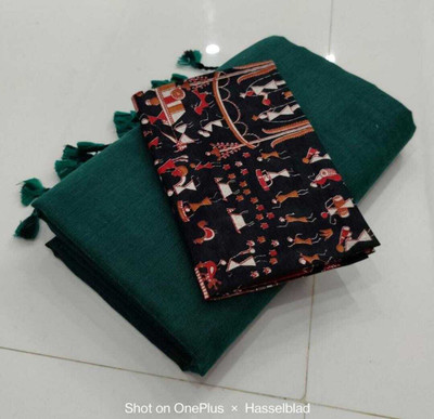 TARAMAACREATION Printed Kalamkari Handloom Pure Cotton Saree(Dark Green)